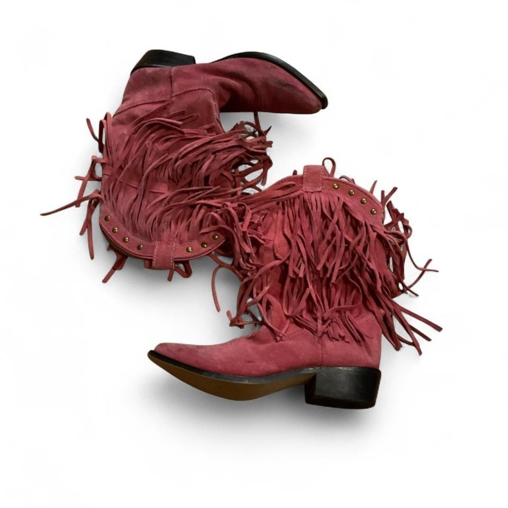 Pink fringe suede leather cowgirl festival western boots